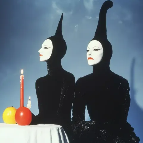 Extravagant Costumed Figures at Candlelit Table