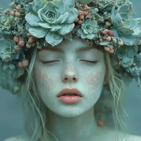 Realistic Portrait with Succulent Crown