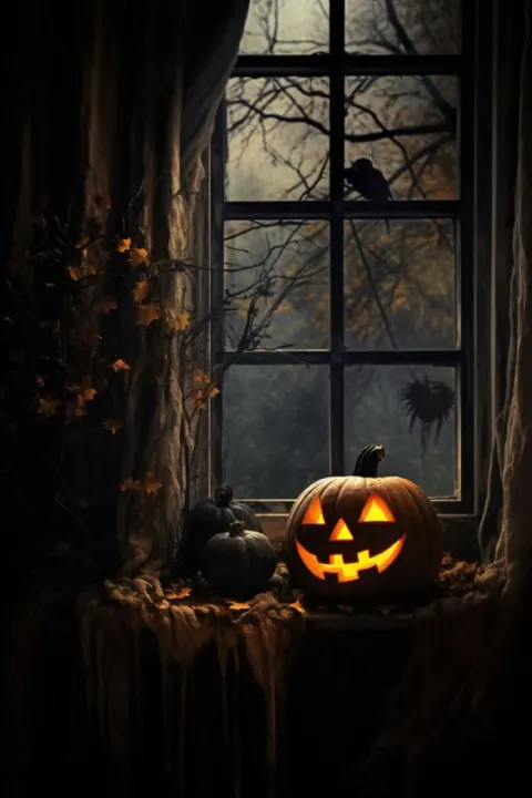 Eerie Pumpkin Resting at Window Creepypasta Scene