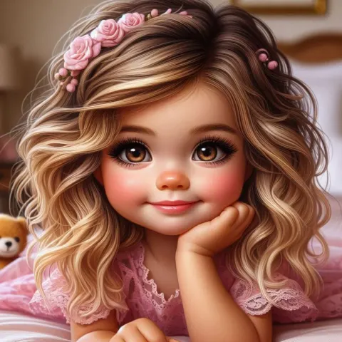 Chibi Toddler With Pink Flowers Airbrush Oil Portrait