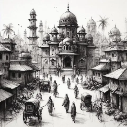 Charcoal Sketches of Indian Village on White Backdrop