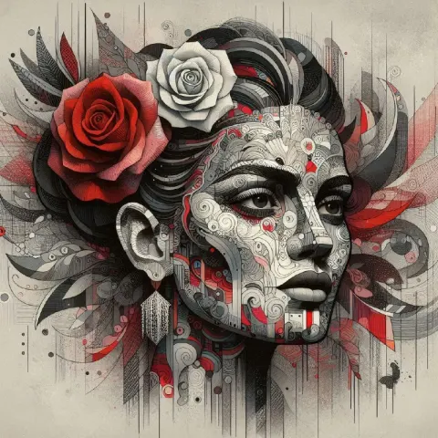 Frida Kahlo Modern Art Portrait in Red and Gray Tones