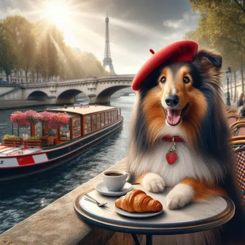 Sheltie in French Beret at Seine Cafe With Croissant