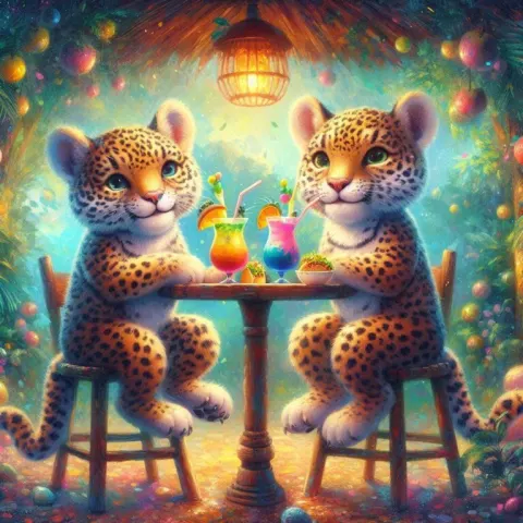 Anthropomorphic Jaguars Sipping Cocktails in Rainforest