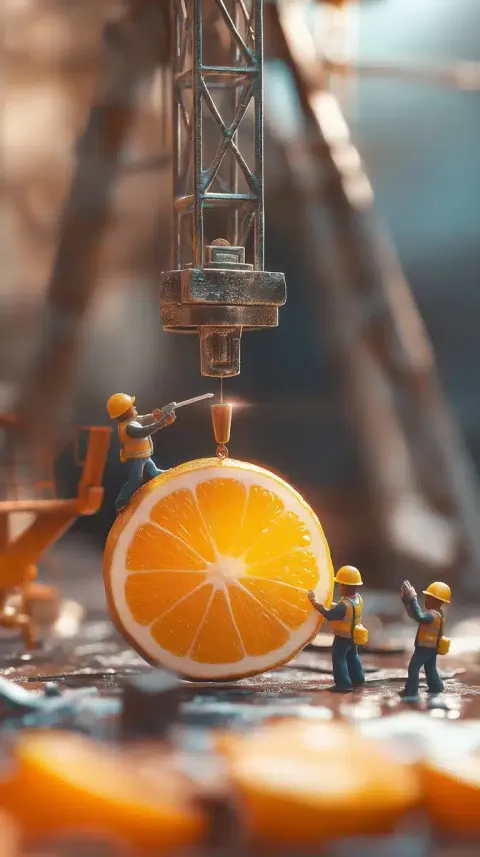 Miniature Workers Juicing Mandarin