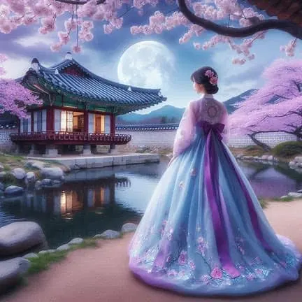 Woman in Pastel Hanbok by Moonlit Pond With Sakura