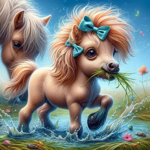 Pony Foal Splashing Water Beside Mother Oil Caricature