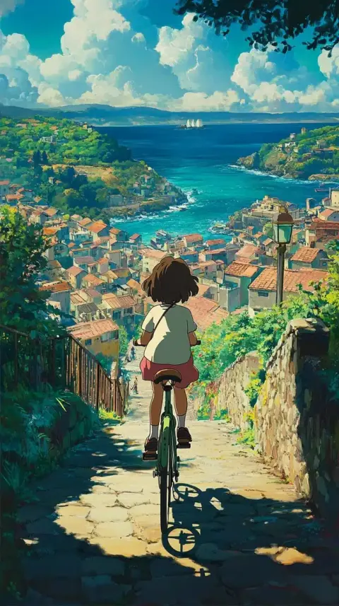 Ghibli Girl Biking Coastline