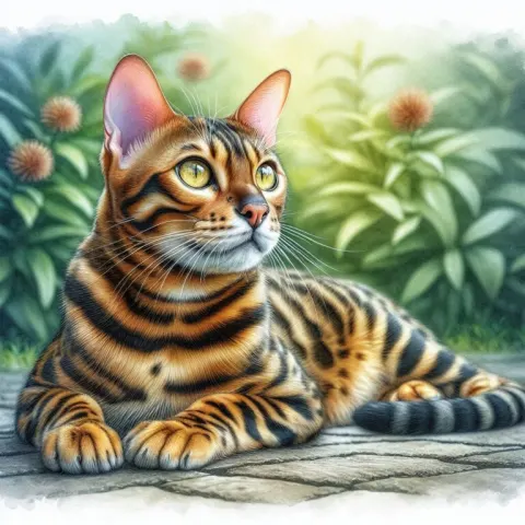 Bengal Cat Lying in Garden Detailed Watercolor