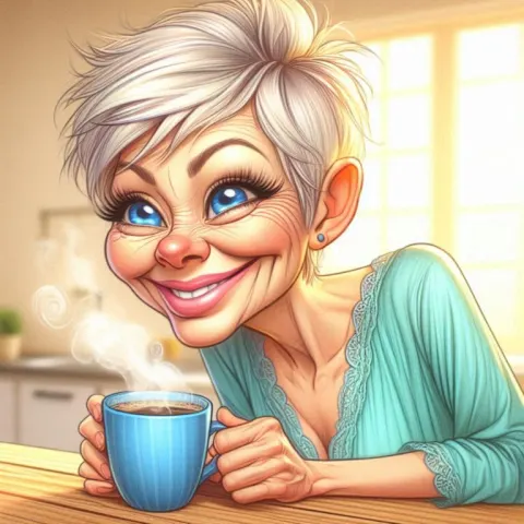 Older Woman Savoring Coffee Colored Pencil Caricature