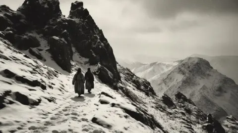 Tibetan Monks in Snowy Mountains Vintage 1940s Photo