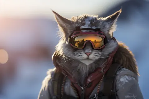 Anthro Pseudodragon Cat Snowboarding Action Photo