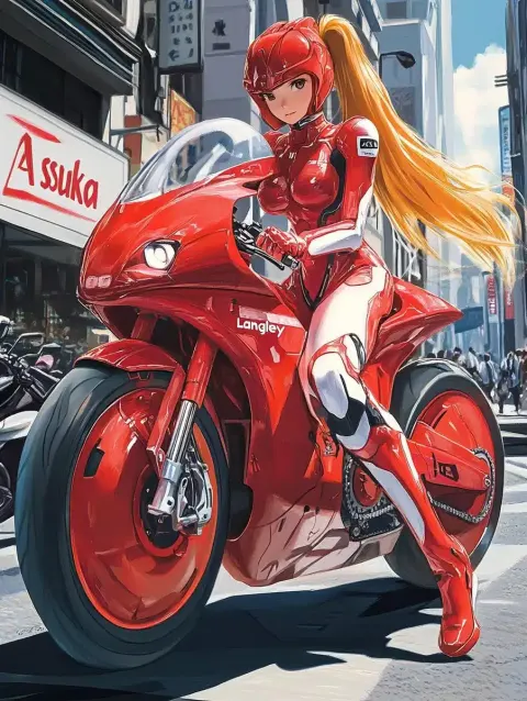 Anime Asuka on Motorcycle