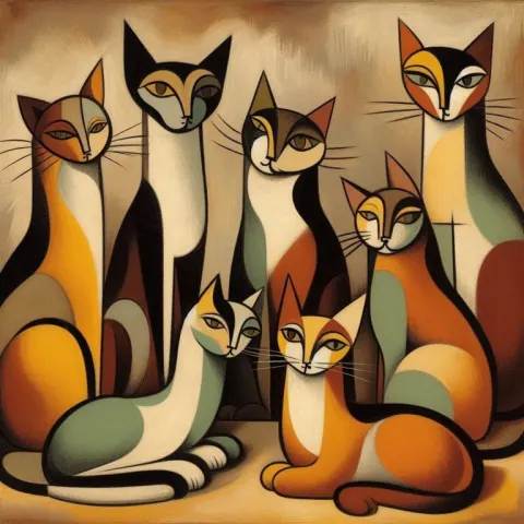 Picasso Style Cats in Muted Brown and Orange Tones