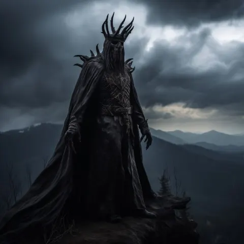 Veiled Shadow King Commanding Storms on Mountain Top