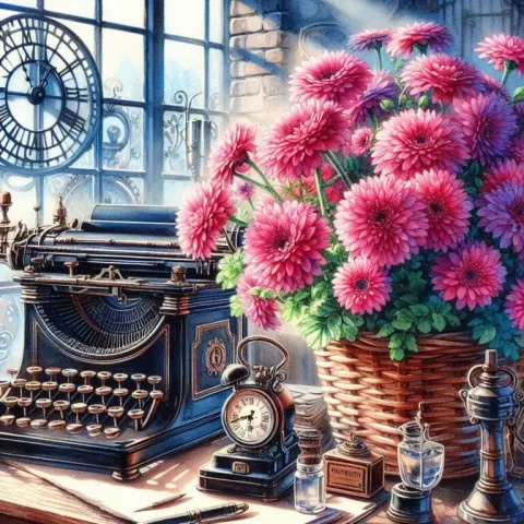 Pink Geraniums in Steampunk Room Watercolor and Ink