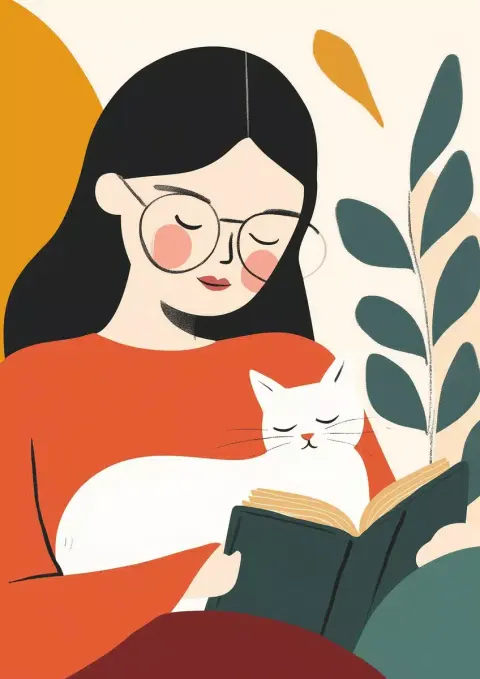 Minimalist Woman Reading with Cat