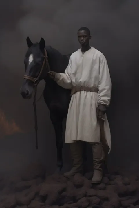 White-Clad Monk With Horse in Volcanic Iceberg Scene
