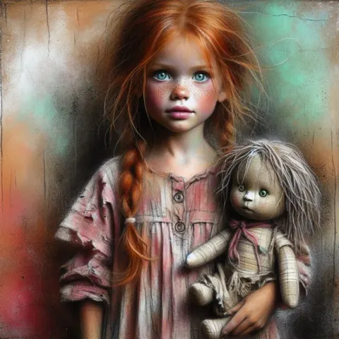 Freckled Girl in Tattered Clothes With Ragdoll Chalk Art
