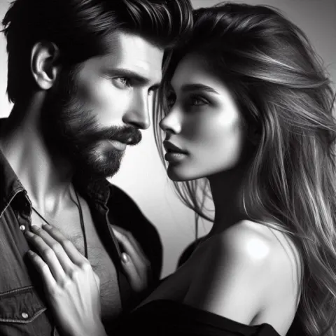 Intimate Couple Gazing Black and White Portrait