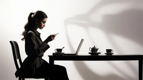 Smiling Woman With Laptop and Coffee Minimal Silhouette