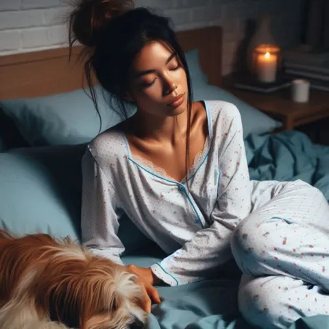 Young Woman Sleeping Beside Her Dog at Night