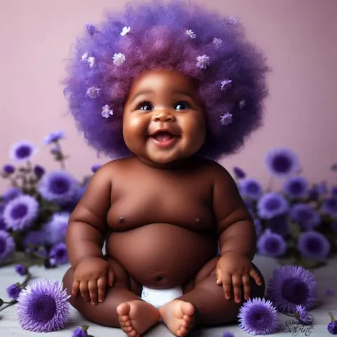 Chubby Baby Boy With Purple Ageratum Flower Hair