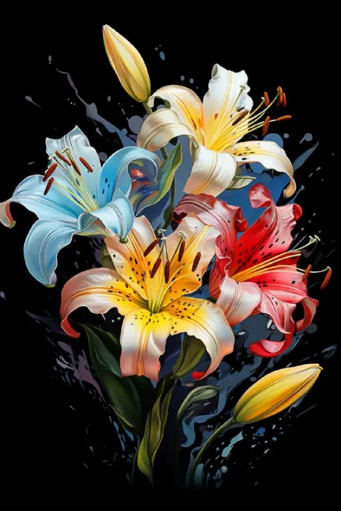 Pastel Lily Flowers With Black Outline Impressionist Art