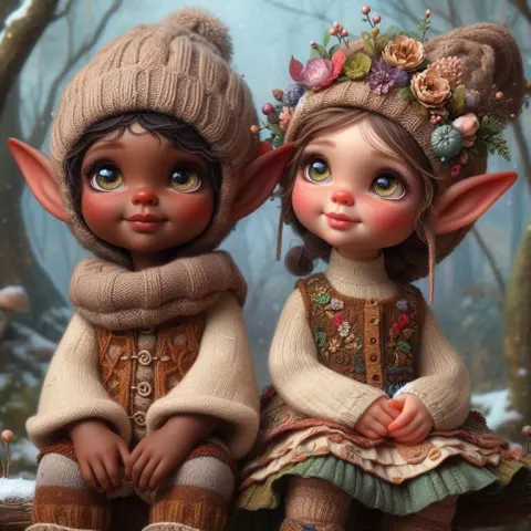 Elf Children on Snowy Branch Enchanted Storybook Art