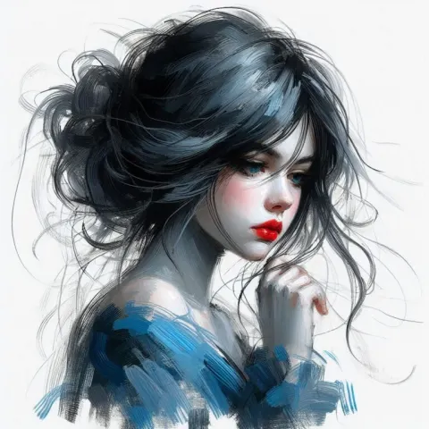 Pensive Girl in Blue Dress Soft Acrylic Portrait