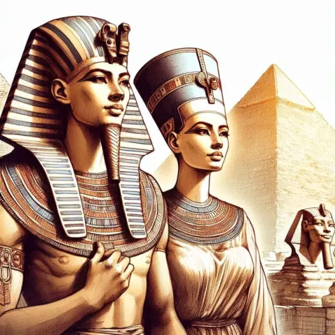 King Tut and Nefertiti at Pyramids Color Sketch