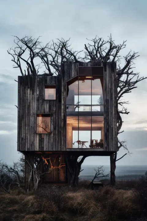 Dead Twig House With Crepuscular Rays Modern Design