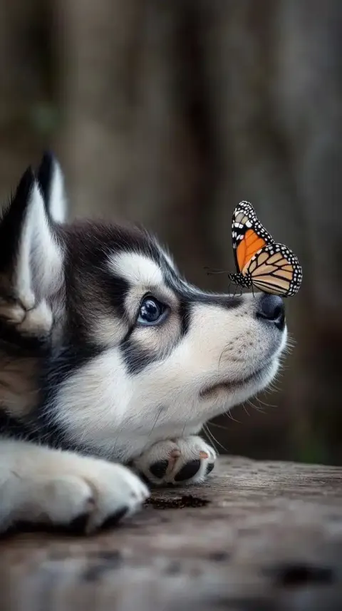 Husky Puppy with Butterfly