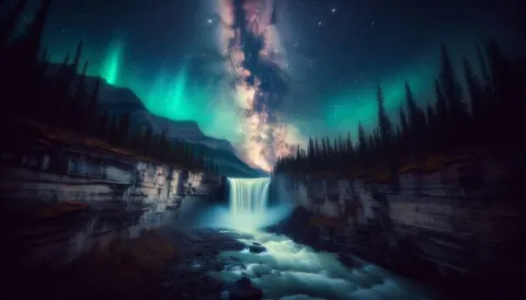 Milky Way Over Sunwapta Falls With Aurora Borealis