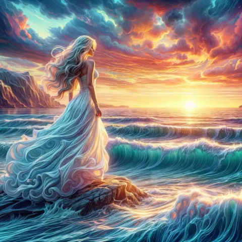 Blonde Woman on Ocean Rock at Sunset Art Nouveau