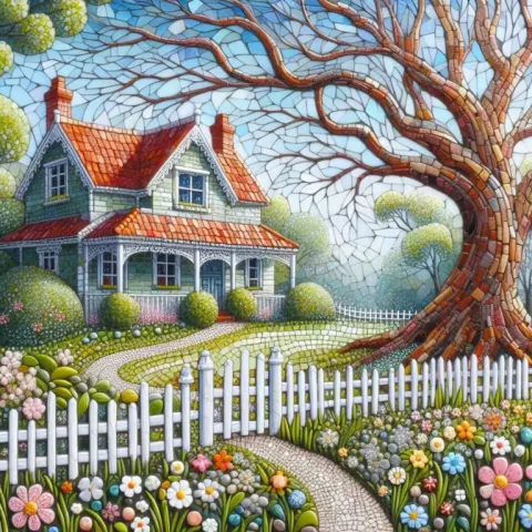 Old Cottage Spring Garden Whimsical Acrylic Mosaic
