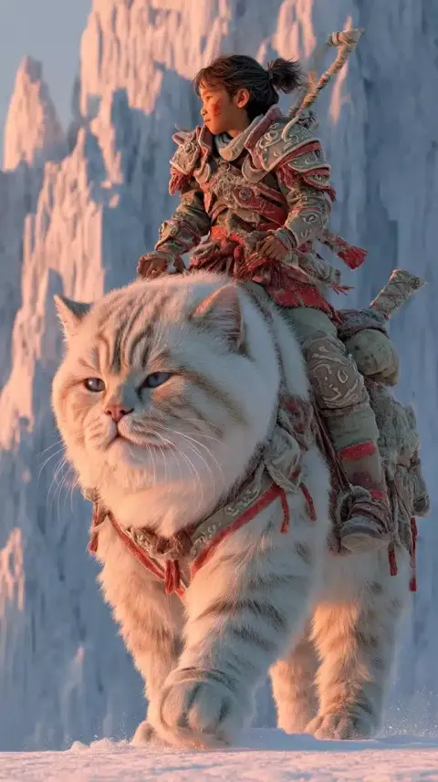 Determined Warrior Girl Riding Cat