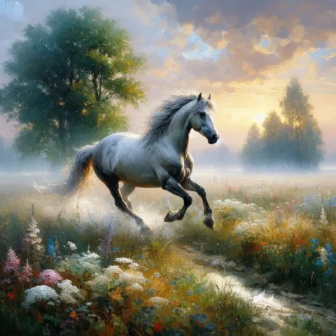 Running Horse in Misty Wildflower Field Painting