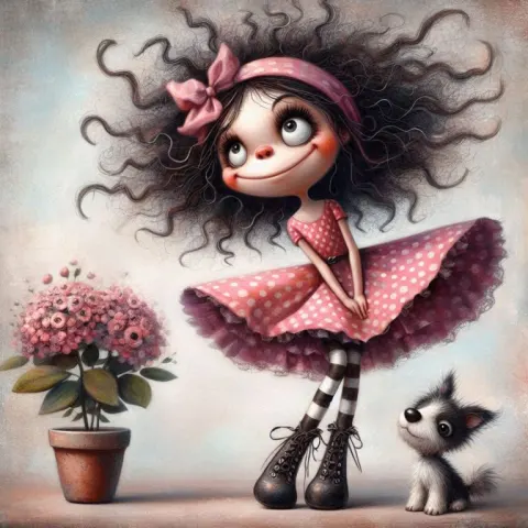 Joyful Doll Girl With Curly Black Hair Making Faces