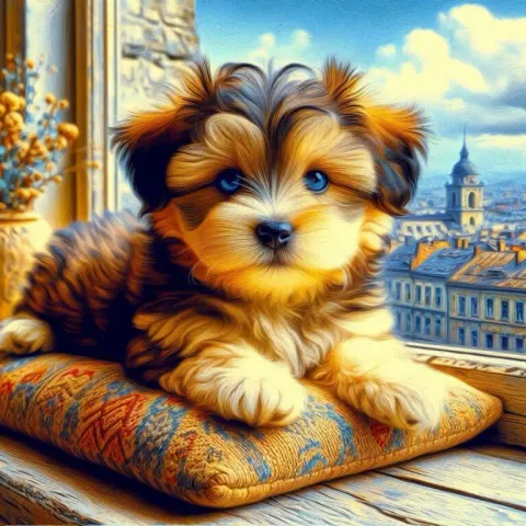 Cute Puppy Lounging on Windowsill Kassite Art Style