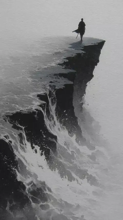 Monochrome Swordswoman on Cliff