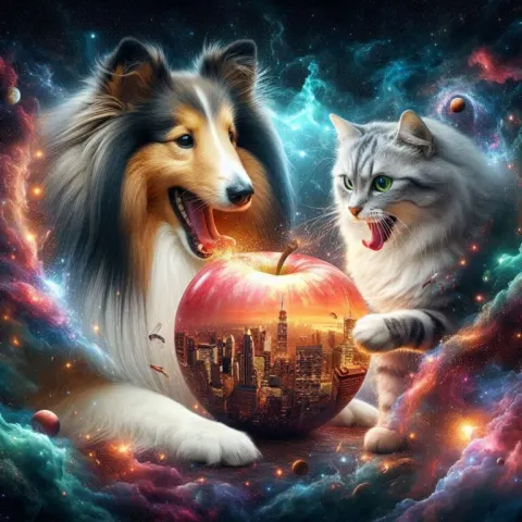 Cosmic Sheltie and Tabby Cat Reaching for Space Apple