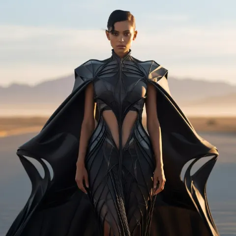 Futuristic 3D Printed Black Geometric Dress Full Body