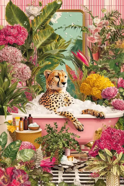 Cheetah Bathtub Jungle Illustration