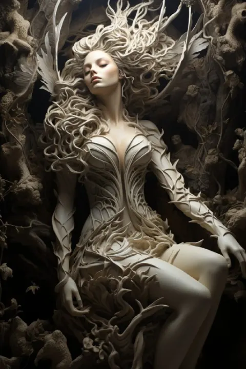 Sepia Angel Carving With Skeletal Baroque Foliage