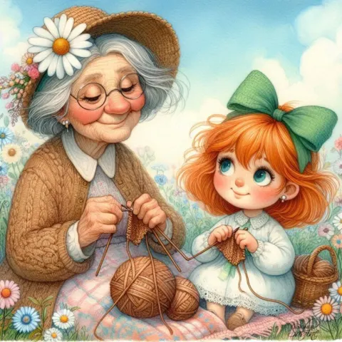 Grandmother and Girl on Meadow Blanket Watercolor
