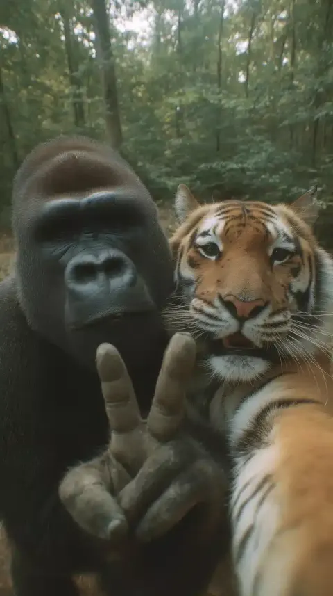 Gorilla and Tiger Peace Sign