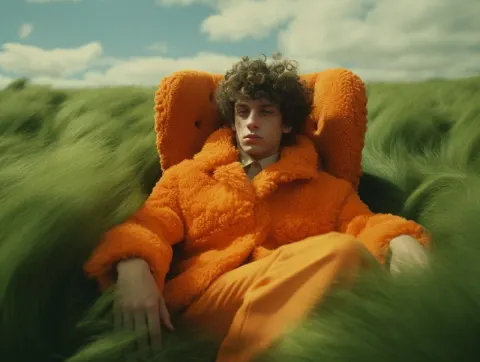 Man in Orange Fur Chair Wes Anderson 1970s Scene