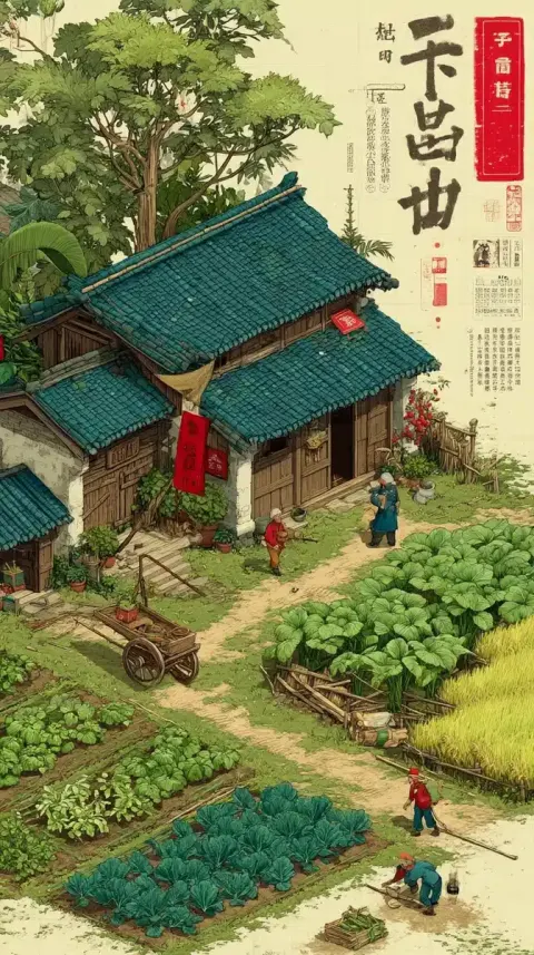 Cartoon Chinese Farming Scene