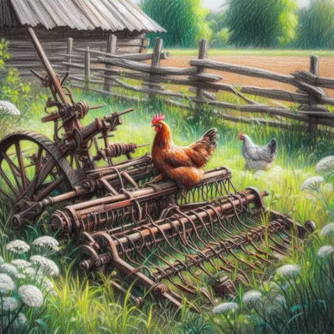 Hen Perched on Rusty Seed Drill in Summer Field